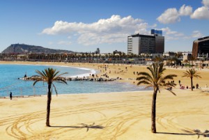 View from Port Olympic on Barcelona beach and Montjuic